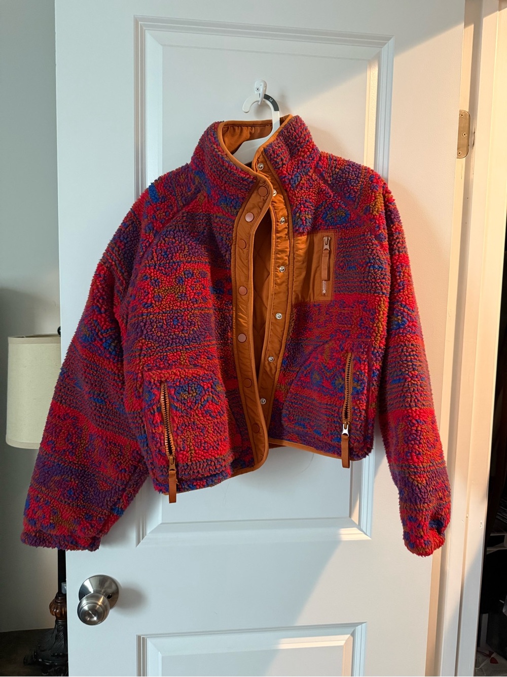 Blank NYC Multicolor Red Pink Blue Sherpa Bomber Jacket with Tan Trim